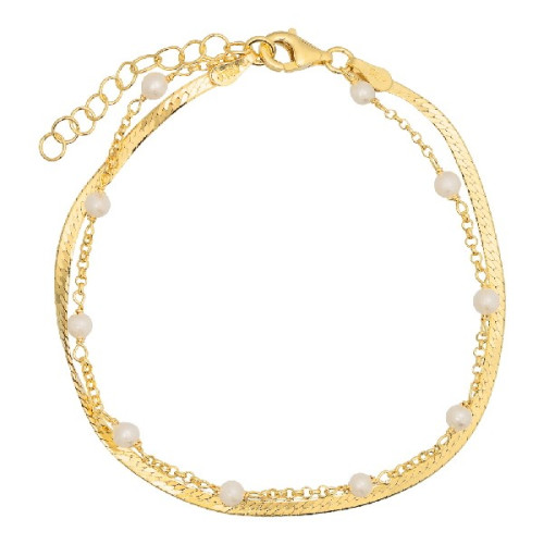 PULSERA DOBLE PLANA + CADENA CON PERLAS - PU5425CH
