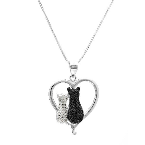 CORAZÓN LISO 2 GATOS CIRCONITAS BLANCO Y NEGRO - CO2522