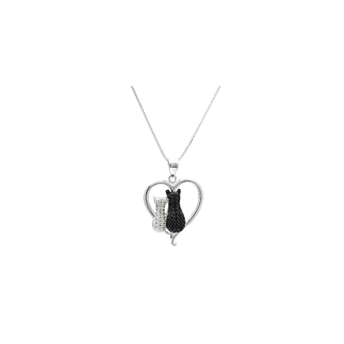 CORAZÓN LISO 2 GATOS CIRCONITAS BLANCO Y NEGRO - CO2522