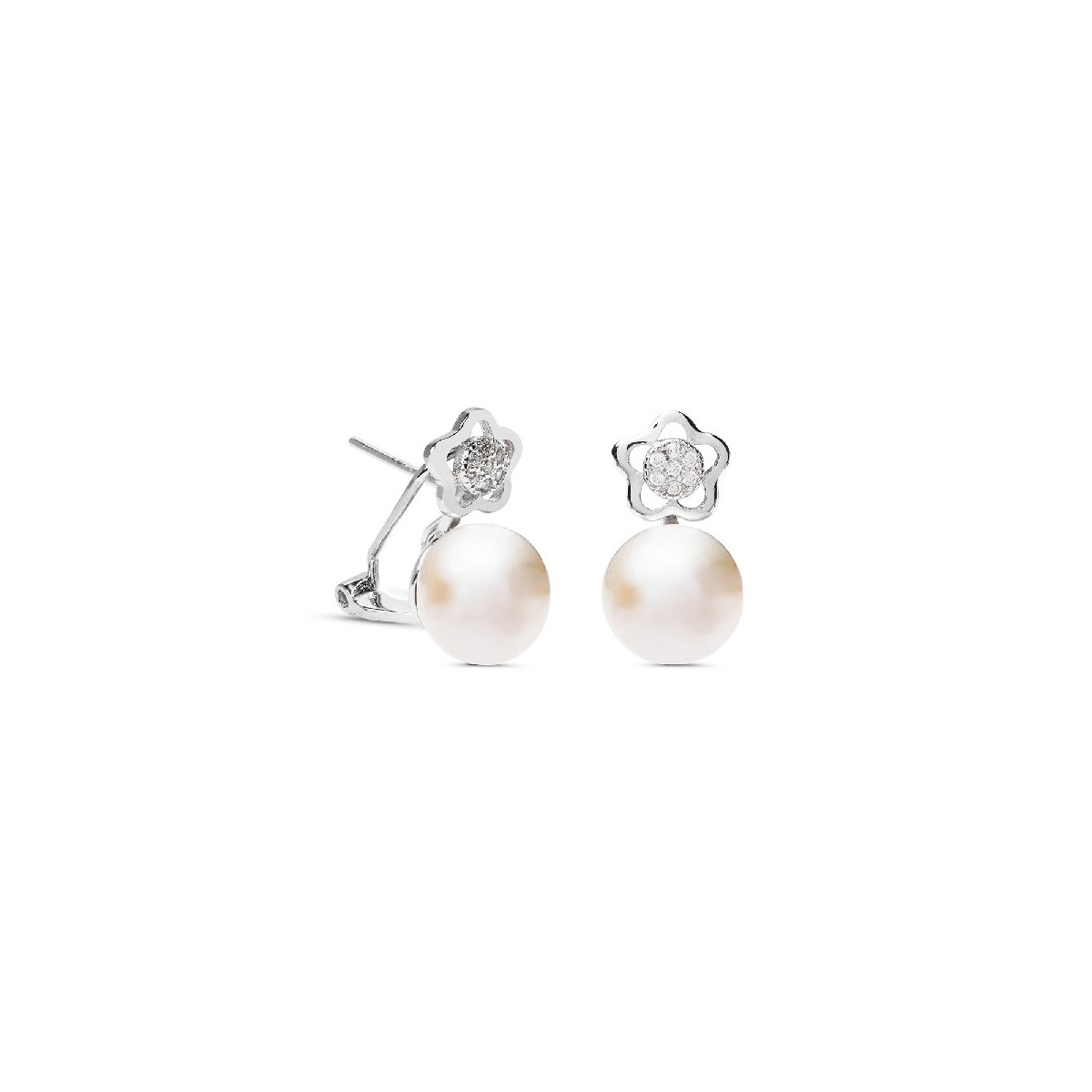 PENDIENTE PERLA + FLOR BORDE LISO OMEGA - PE4731