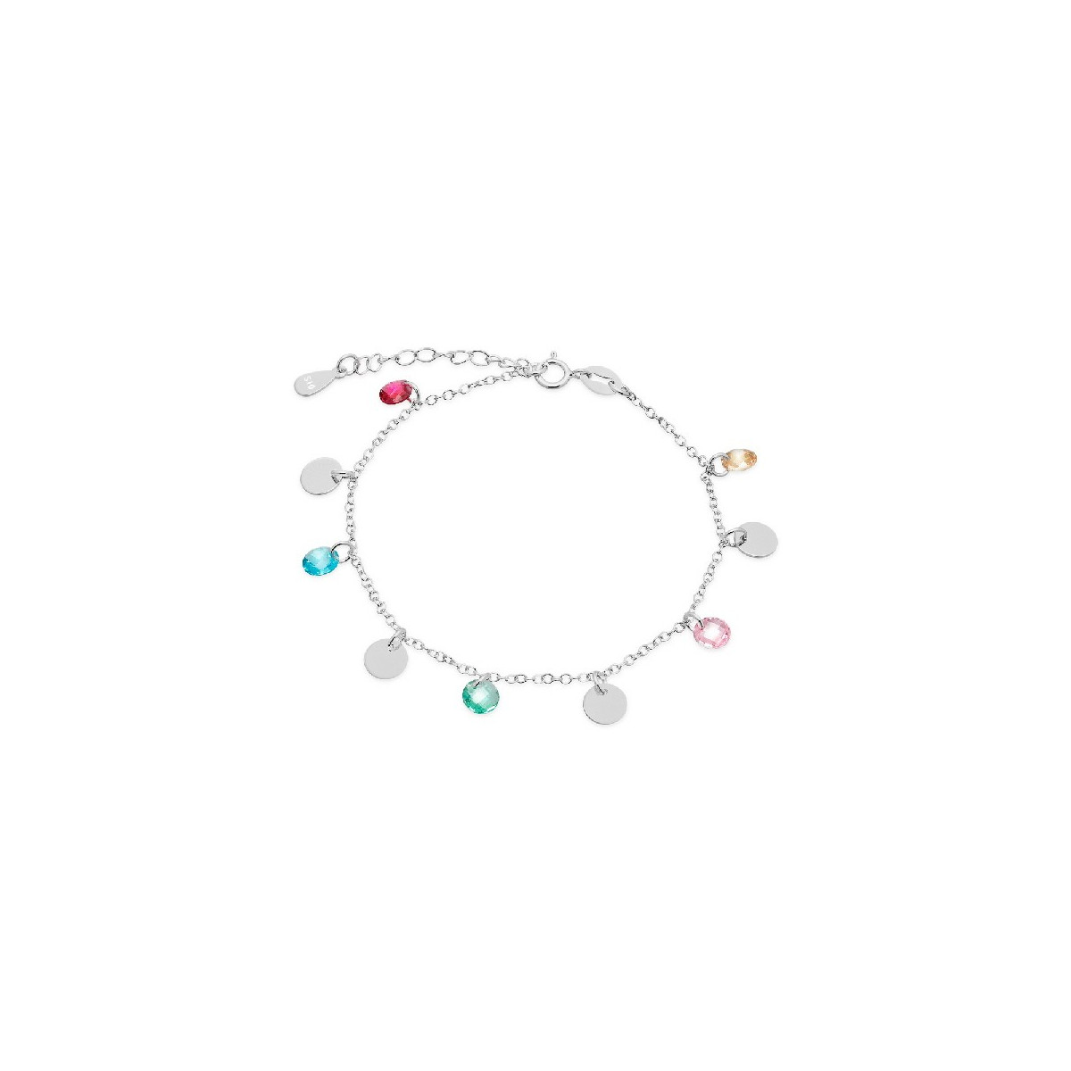PULSERA 4 DISCOS+5 CIRCONITAS MULTICOLOR COLGANDO RODIO - PU4877R