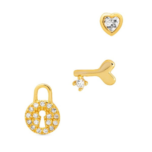 SET 3UD 1/2 PAR CANDADO+LLAVE+CORAZON CZ - PE5944CH