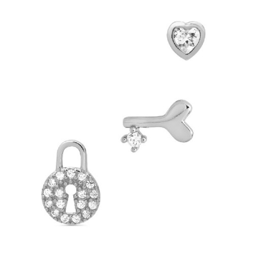 SET 3UD 1/2 PAR CANDADO+LLAVE+CORAZON CZ - PE5944R